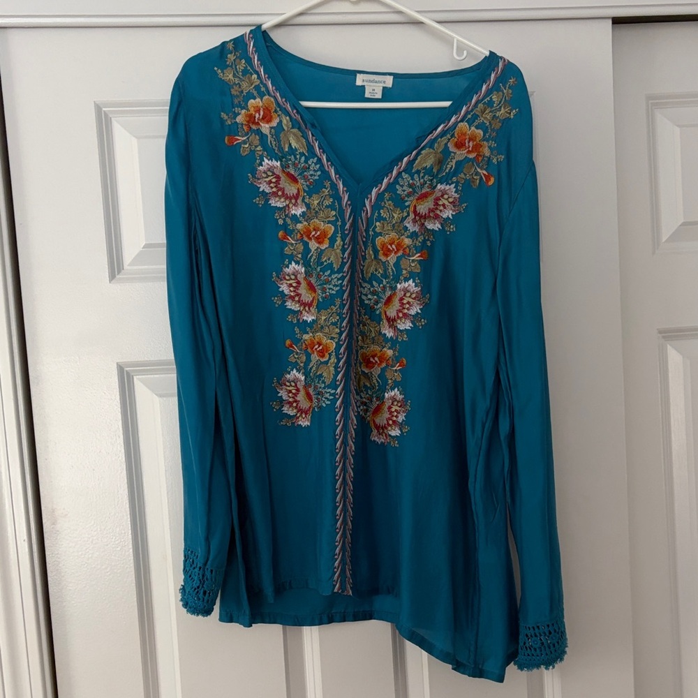 Sundance Teal Floral Embroidered Silk Blouse
